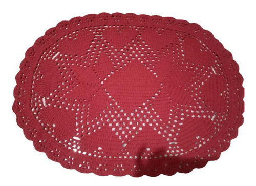 Tapete Crochê Oval Sala Quarto Coração Vermelho 75x55