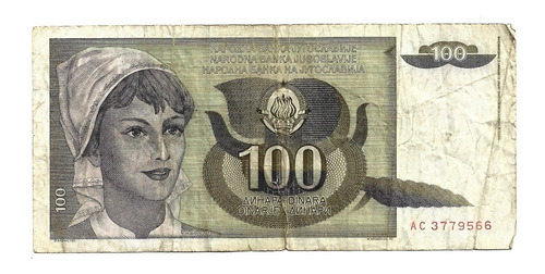 Billete Yugoslavia 100 Dinara 1991 * Pequeña Rotura