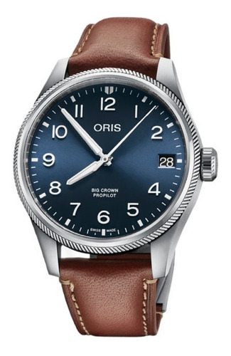 Reloj Oris Big Crown Propilot Big Date Original Café Hombre Correa Marrón Bisel Plateado Fondo Azul