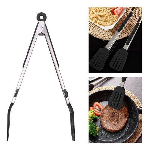 3 Pinzas De Cocina Con Espátula De Silicona Antiadherente Color Negro