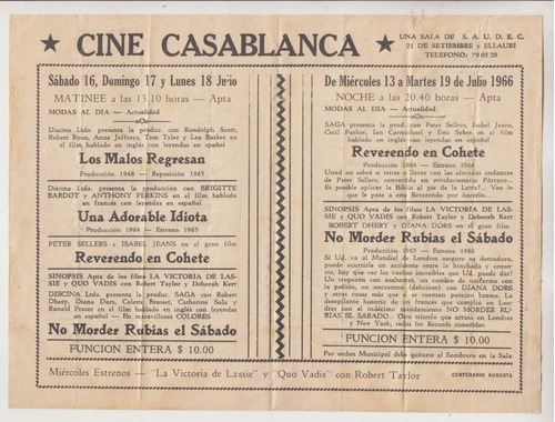 1966 Punta Carretas Programa Sala De Cine Casablanca Vintage