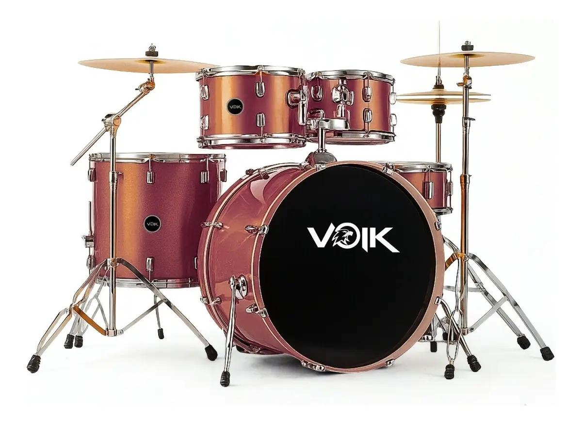 Bateria Acústica Voik BAM22-RC Cor Red Copper Brilhante Bumbo 22" Caixa Com Botão de Ajuste Fino Na Vibração 8 Peças Maquina de Chimbal Completa Com Pratos + Banco e Baqueta P/ Ini