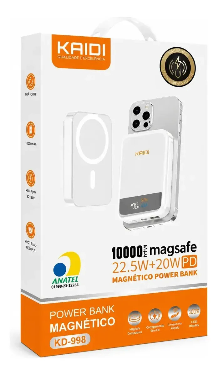Power Bank Kaidi KD-998 10000 mAh Sem Fio Branco