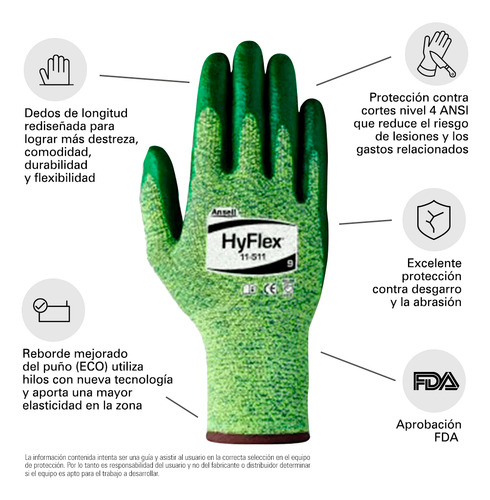 Guante Anticorte Ansell Hyflex® Original 11-511-7 (12 Pares) Verde
