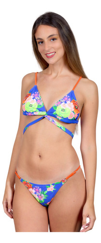 Bikini Azul Naranja Con Espalda Cruzada Con Bikini Regulable