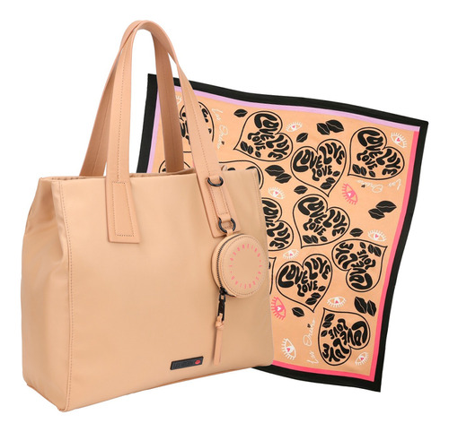 Cartera Mujer Las Oreiro + Pañuelo De Seda Estampado Moda Color Beige 27495-15154 Diseño De La Tela Liso