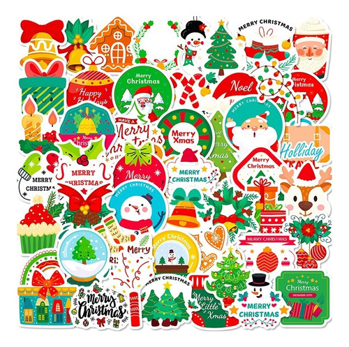 Set De 50 Stickers Navidad Impermeables Tarjetas Scrapbook 