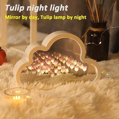 Luz Lámpara Noche Flor Tulipanes Nube Con Espejo Romántica