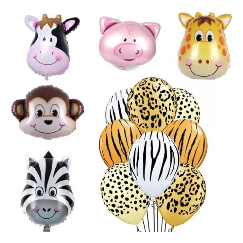 Kit Decoración 3 Globos Animales 30cm+12 Latex Impresos