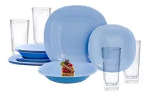Comprar Vajilla Moderna Cuadrada Opal Y Vasos Vidrio 6 Personas 24pz Color Azul