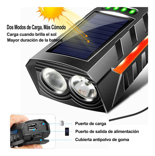 2 En 1 Luces Para Bicicleta, Linterna Solar Recargable Usb