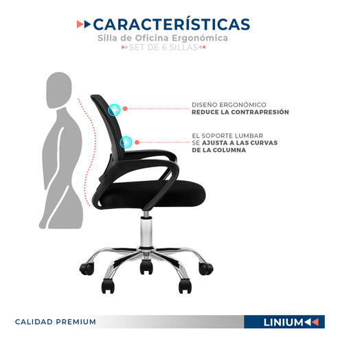 Silla Oficina Escritorio Linium Ergonómica Premium Set De 6 Color Negro Material Del Tapizado Liso
