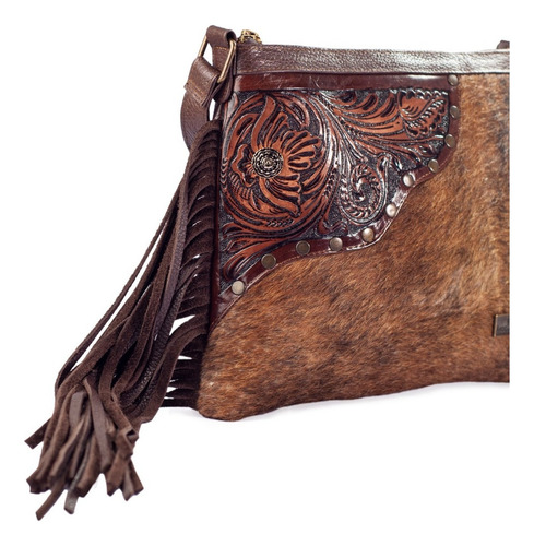 Bolsa tiracolo de couro cinzelado e enfeite de cabelo natural, cor de camelo, design de tecido de cabelo Catalina