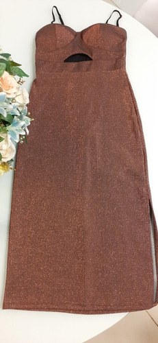 Vestido Midi Festa - Marrom Com Brilho Discreto