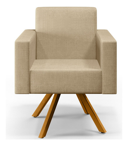 Kit 02 Poltronas Decorativa Giratória Base de Madeira Helô L02 Linho Bege Escuro