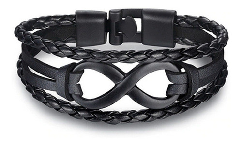 Pulsera Hombre Infinito Cuero Negro Metal Fashion Chic Moda