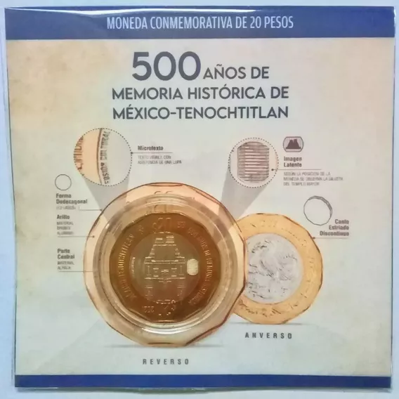 Moneda 20 Pesos 500 Años México Tenochtitlan (c/ Blister)