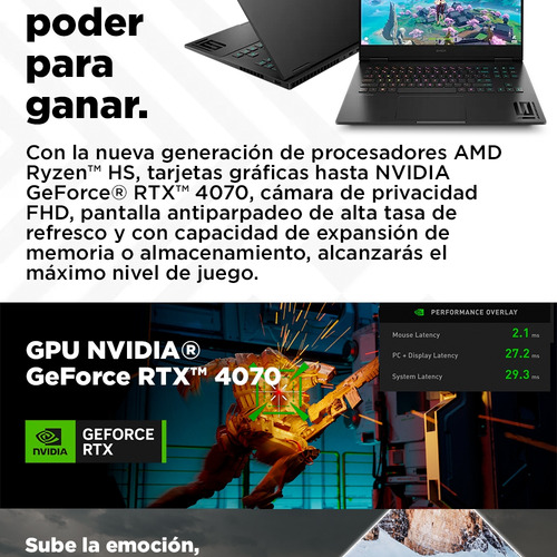 Laptop Gaming OMEN 16-xf0000la Negro AMD Ryzen 9 16 GB RAM GPU NVIDIA GeForce RTX 4070 1 TB SSD 16.1" FHD - Excelente (Reacondicionado)