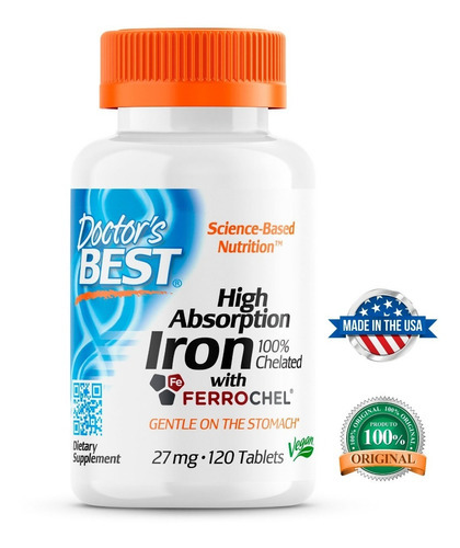 Doctor's Best Iron Iron de alta absorción con sabor sin sabor a Ferrochel USA
