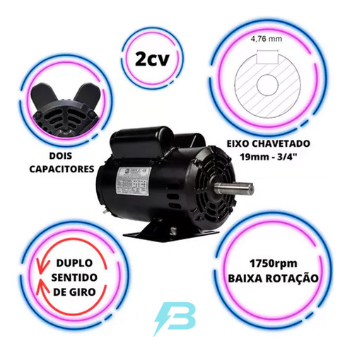 Motor Elétrico Monofásico 2cv 4polos 110/220v Betoneira