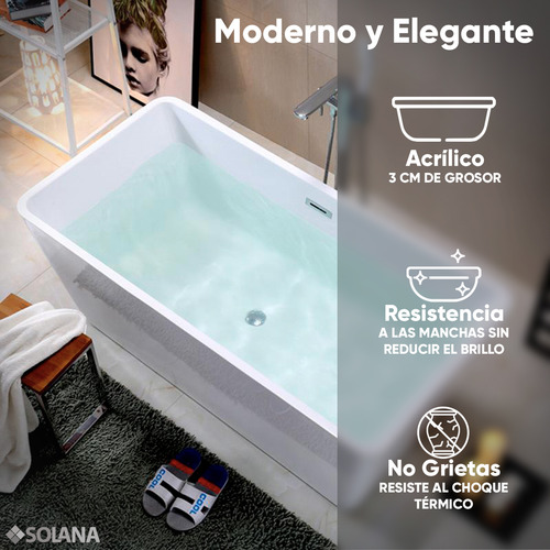 Solana Kit Tina De Baño Blanca Rectangular De Acrílico Slim 170x80x60 Cm + Grifo Independiente Monomando Gold / Kit De Lujo Bañera Con Acrílico Con Alto Brillo Para Cuarto De Baño