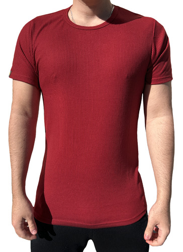 Camiseta Canelada Slim Fit Manga Curta Masculina Vermelha