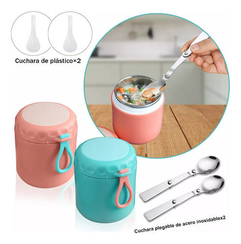 Doremama 2pz Termo De Acero Inoxidable Exterior Portátil + 4 Cucharas, Acero Inoxidable Con Botella Aislada Para Alimentos Calientes Rosa Y Verde