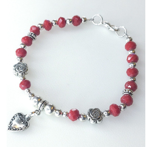 Pulsera Cristales Checos Rojos Dije Corazón De Acero Blan 