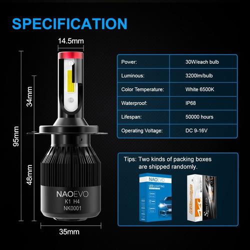 Naoevo Luz Led K1-h4 9007 Super Brillante Epa