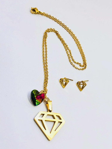 Collar De Diamante C/aretes Chapa Oro 