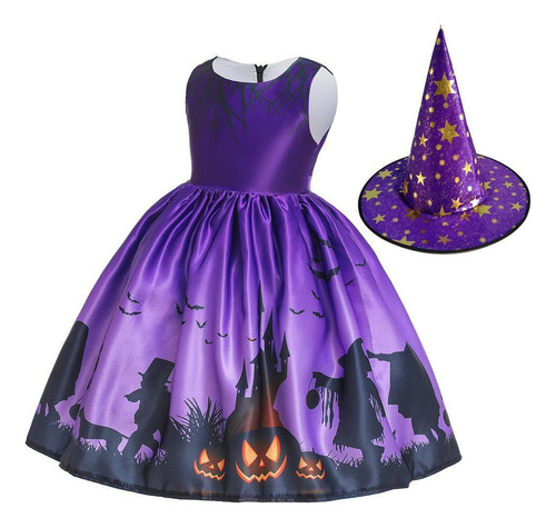 Halloween Vestido Infantil De Satén Con Estampado De Dibujos Animados Calabaza Spooky