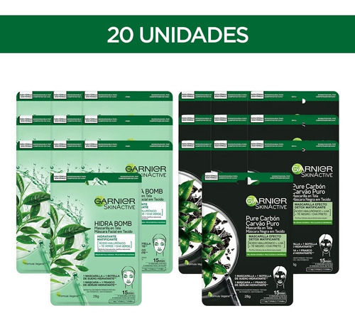 Kit Garnier 20 Unidades De Mascarillas Carbón Y Té Verde