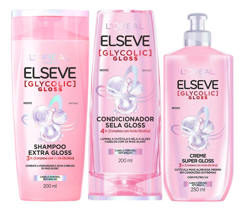 Kit Shampoo, Cond. E Creme De Pentear Elseve Glycolic Gloss