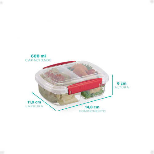 Kit 4 Pote Para Alimentos 2 Divisões C Travas Laterais 600ml