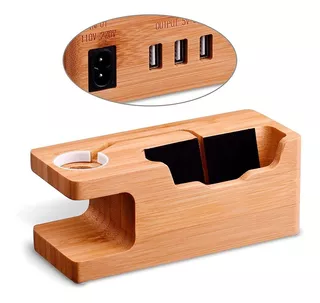 Base Soporte De Carga Bambu Para iPhone 11 Y Apple Watch