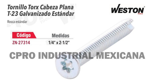 200 Tornillos Cabeza Plana Torx T/23 Galvanizado 1/4x2-1/2 P