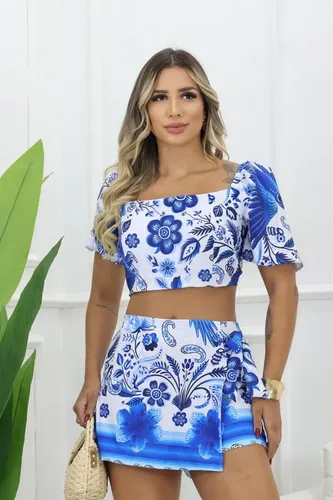 Conjunto Feminino Saia Short E Cropped Com Amarração Costas