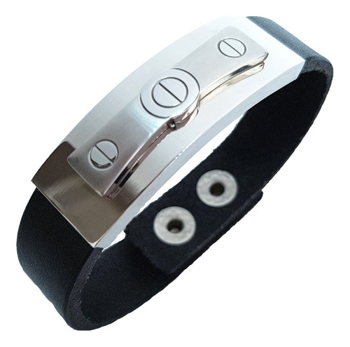 Bracelete Pulseira Masculina Couro E Aço Preta 15 Mm