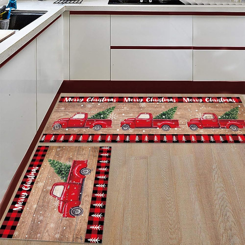 Alfombra De Cocina De Navidad Establece Camión Rojo Con Árbo