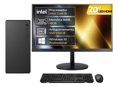 Computador Completo Intel Core i5, 16GB RAM, SSD 256GB, Monitor 20" LED, Windows 10 Pro, Bivolt, Preto - BluePC Office CDBP-OFF100