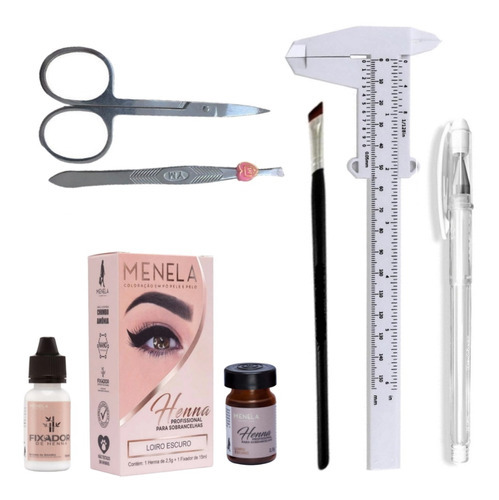 Kit Henna Menela Sobrancelha Profissional Pincel Caneta Gel Cor Loiro Escuro