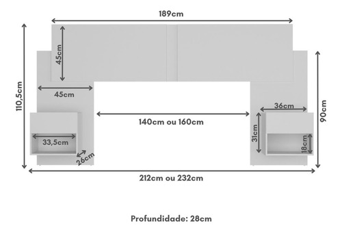 Cabeceira Casal/Queen com 2 Mesas de Cabeceira 232cm Multimóveis MP4317 Cor Branco