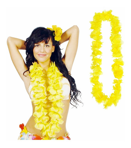 Collar Hawaiana Cotillón Año Nuevo Color Amarillo De Tela