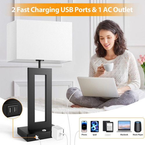Juego De 2 Lámparas De Mesa Táctiles Con Puertos Usb