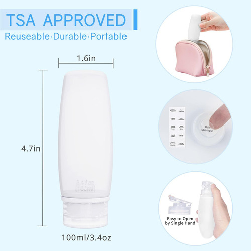 Botellas De Viaje Silicona Tsa Juego 4 Portátiles A Prueba F 4 Unidades, Blanco, 3.4 Fl Oz