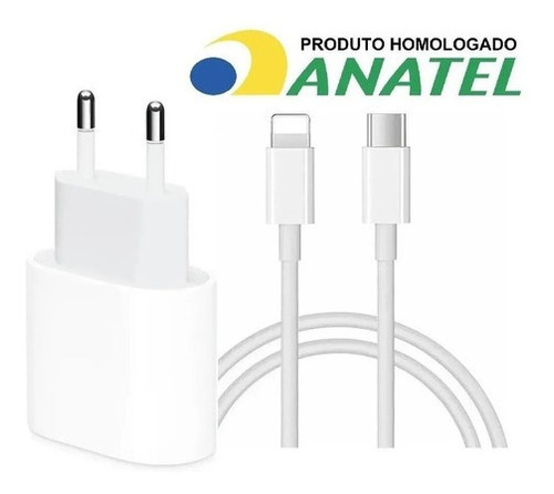 Cabo + Fonte Compatível iPhone SE X Xr 11 12 13pro Usb-c 20w Branco