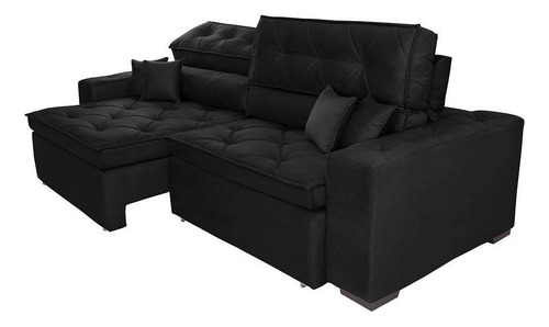 Sofá Austin 3,02m Retrátil, Reclinável com Molas no Assento e Almofadas, Suede Preto Cama inBox