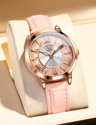 Reloj Olevs/5539 Dorado Para Mujer Con Correa De Cuero Rosa Dorado/rosa Rosa