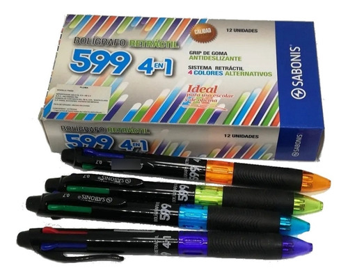 12 Boligrafos Retractil  De 4 Colores Sabonis Fb-599