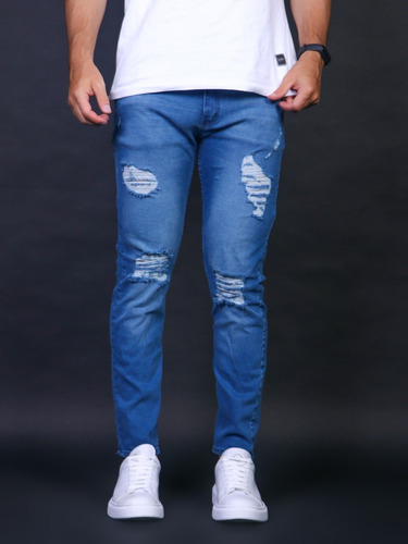 Pantalon Jean Walder Hombre Roturas Azul Regular El Don